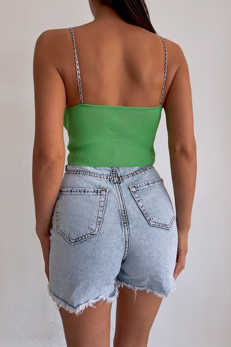 Zincirli Askılı Triko Crop Top Yeşil