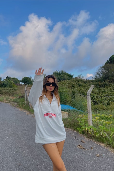 Zip Detay Pasific Sweatshirt Beyaz