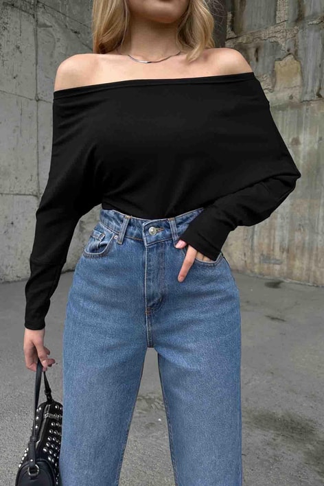 Kayık Yaka Asimetrik Bluz Siyah