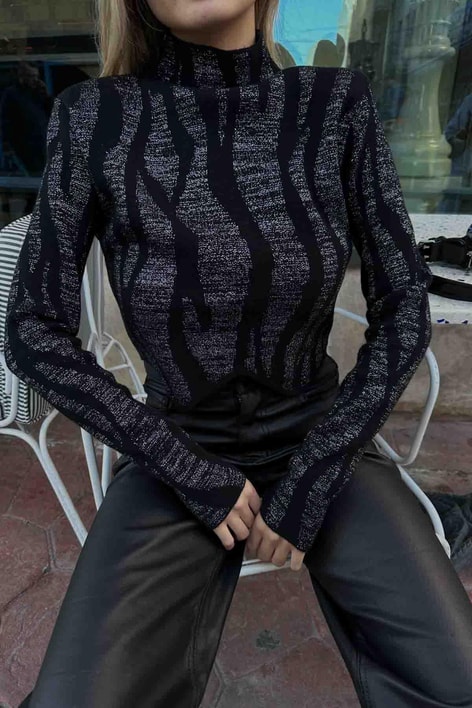 Asimetrik Premium Simli Kazak Siyah