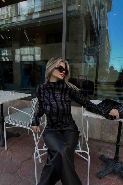 Asimetrik Premium Simli Kazak Siyah