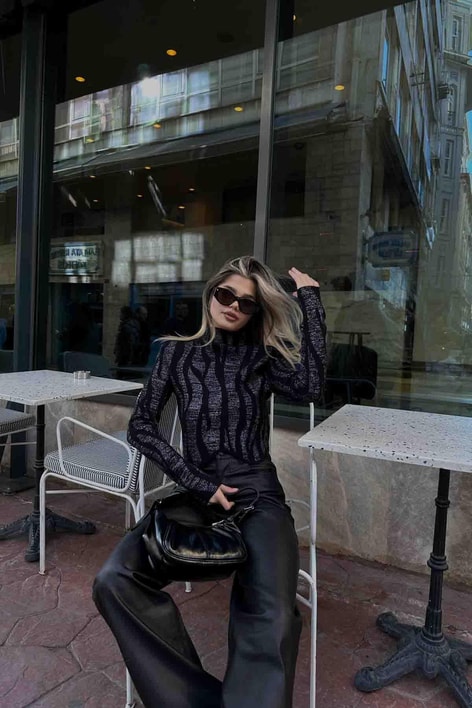 Asimetrik Premium Simli Kazak Siyah