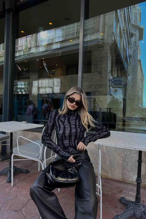 Asimetrik Premium Simli Kazak Siyah