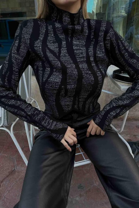 Asimetrik Premium Simli Kazak Siyah