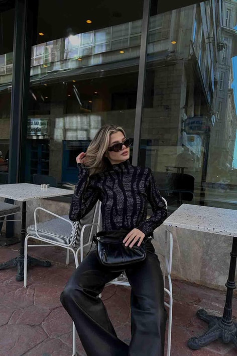 Asimetrik Premium Simli Kazak Siyah