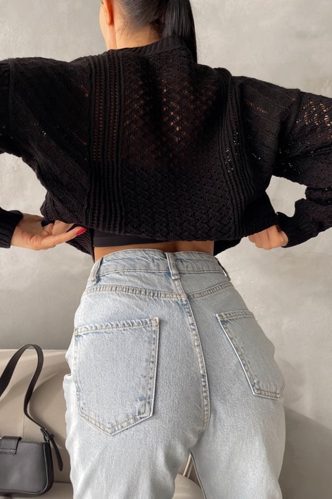 Baklava Desen Delikli Triko Kazak Siyah