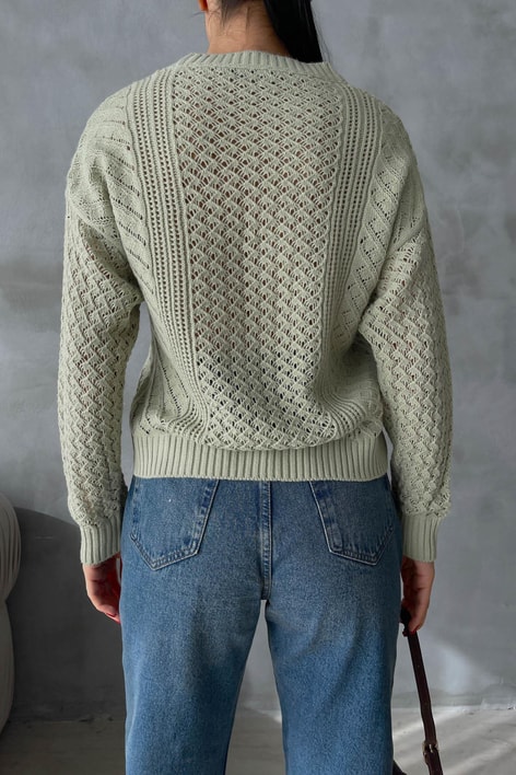 Baklava Desen Delikli Triko Kazak Mint