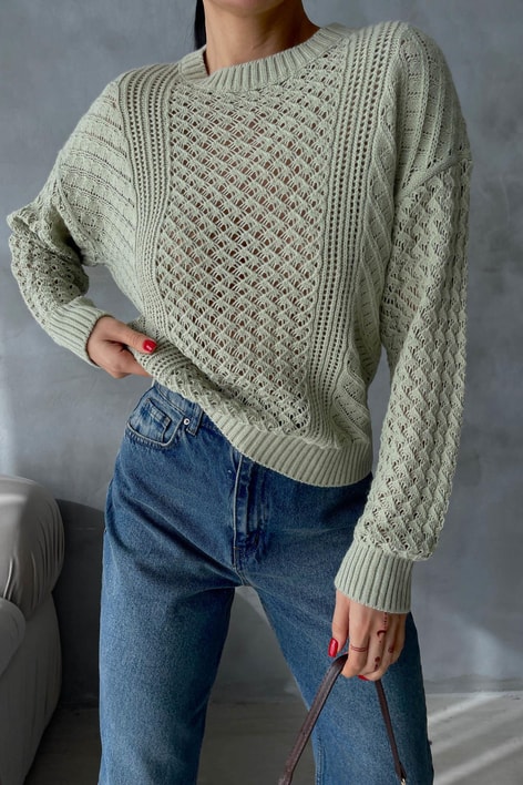 Baklava Desen Delikli Triko Kazak Mint