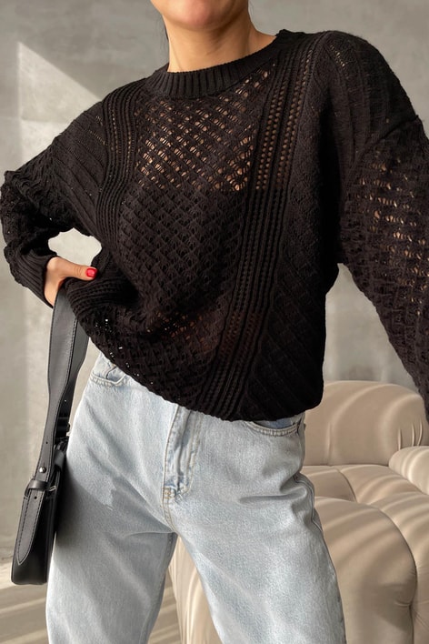 Baklava Desen Delikli Triko Kazak Siyah