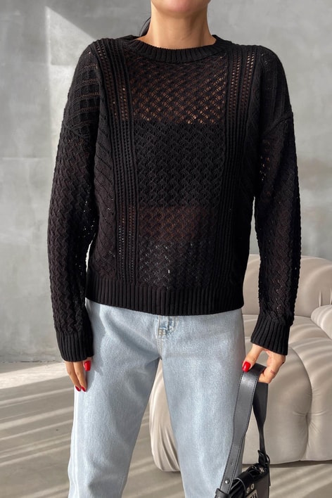 Baklava Desen Delikli Triko Kazak Siyah