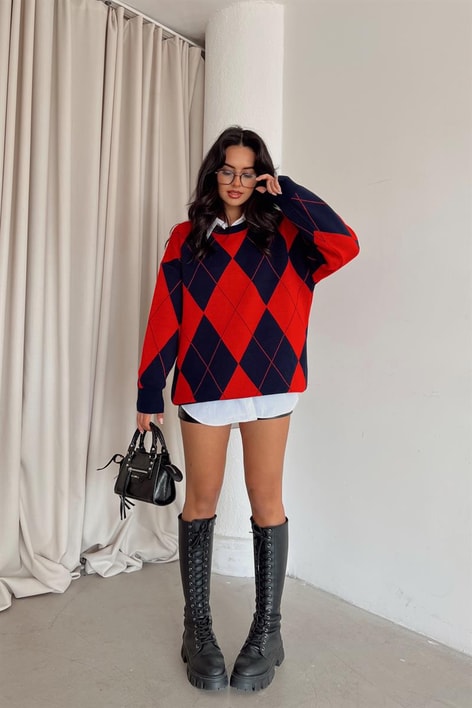 Baklava Desen Duo Triko Kazak Kırmızı