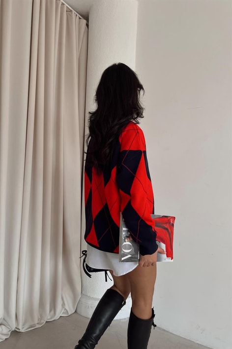 Baklava Desen Duo Triko Kazak Kırmızı