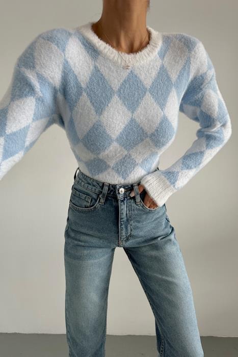 Baklava Desen Yumoş Kazak Mavi