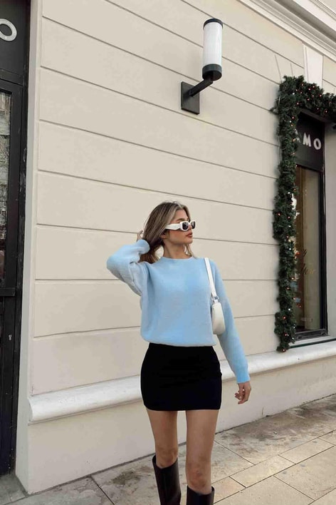 Bisiklet Yaka Yumoş Kazak Bebe Mavi