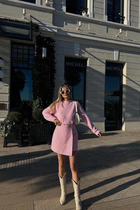 Bisiklet Yaka Yumoş Kazak Şeker Pembe