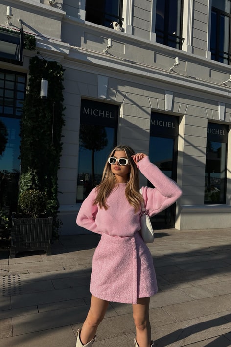 Bisiklet Yaka Yumoş Kazak Şeker Pembe