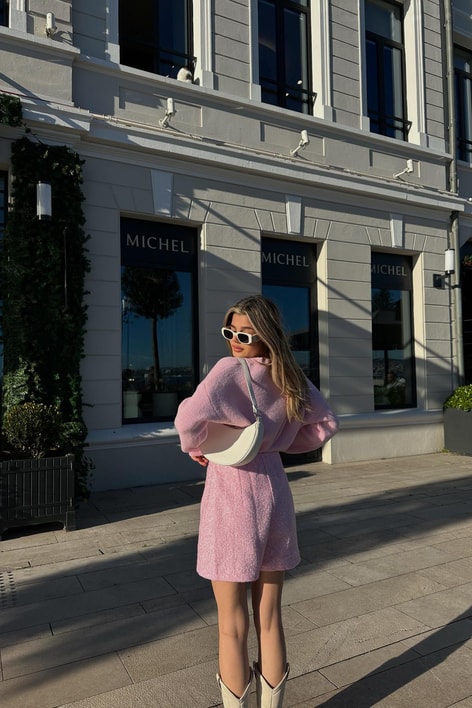 Bisiklet Yaka Yumoş Kazak Şeker Pembe