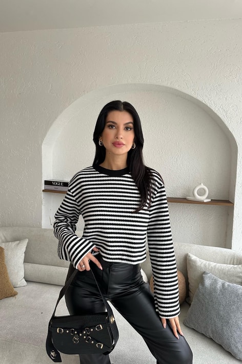 Çelik Örme Çizgili Oversize Kazak Siyah-Beyaz