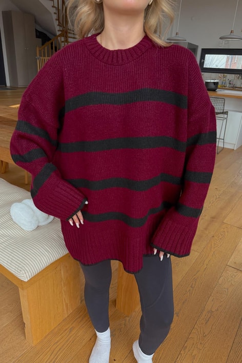 Çizgili Oversize Kazak Bordo