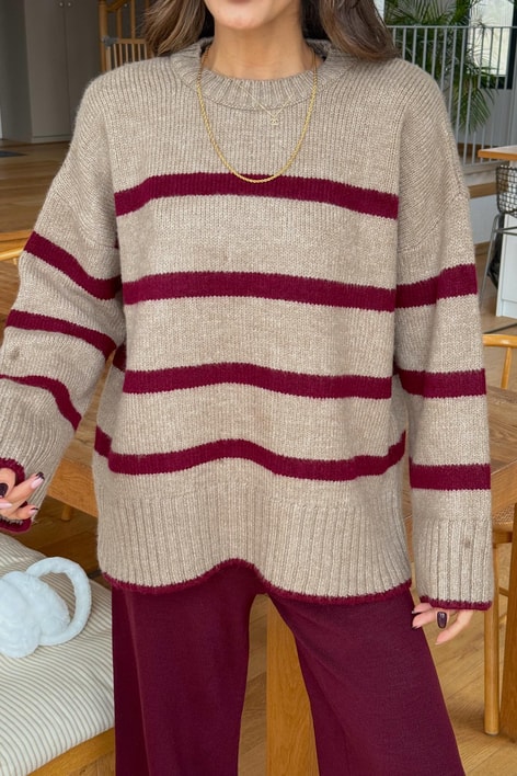 Çizgili Oversize Kazak Vizon