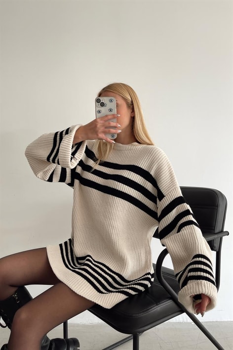 Çizgili Triko Cotton Kazak Krem