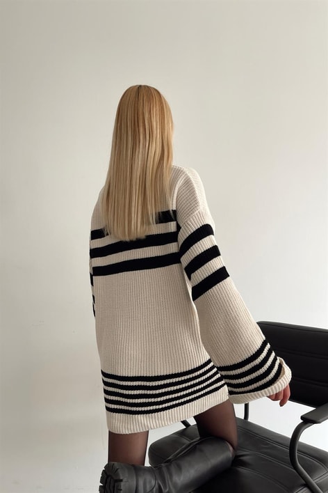 Çizgili Triko Cotton Kazak Krem