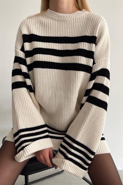 Çizgili Triko Cotton Kazak Krem