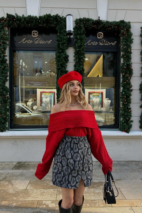 Degaje Yaka Fitilli Kazak Kırmızı