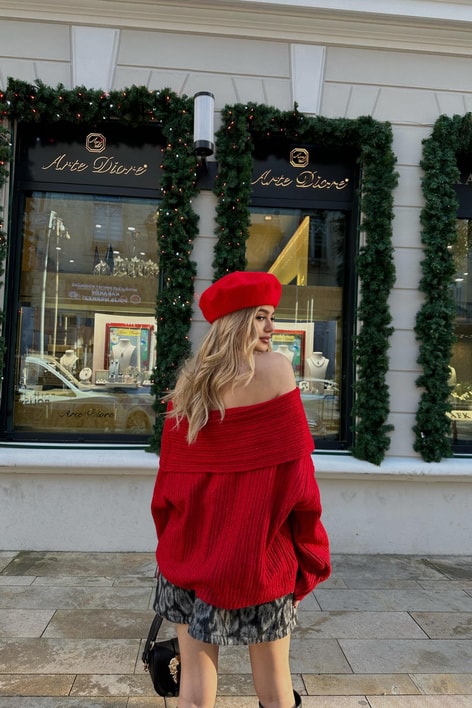 Degaje Yaka Fitilli Kazak Kırmızı