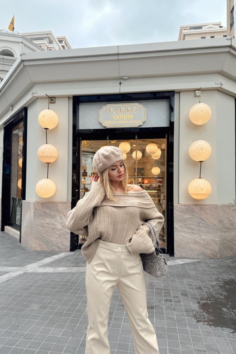 Degaje Yaka Fitilli Kazak Koyu Bej