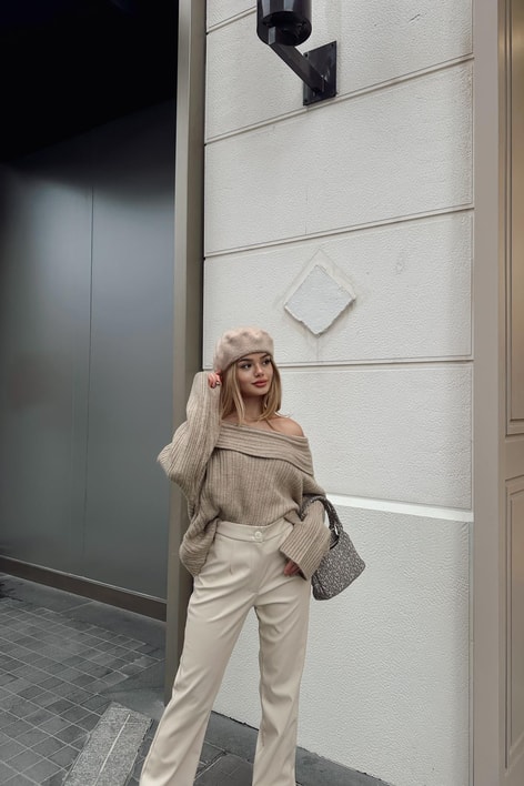 Degaje Yaka Fitilli Kazak Koyu Bej