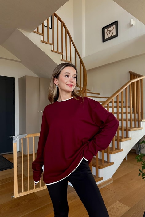 Detaylı Uzun Kol Tshirt Bordo