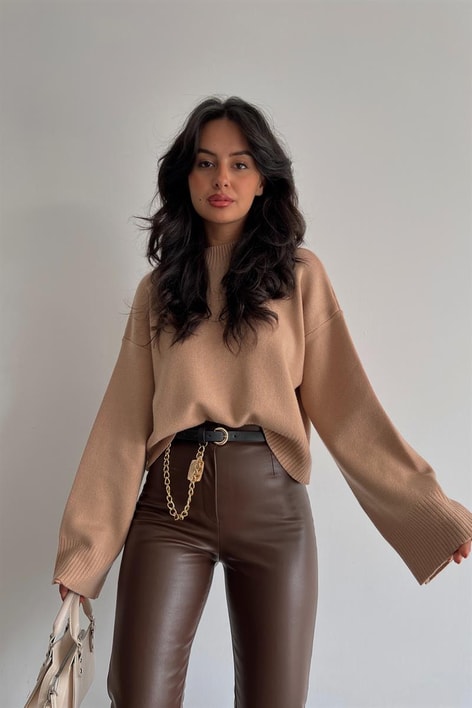 Dik Yaka Geniş Kol Kazak Camel