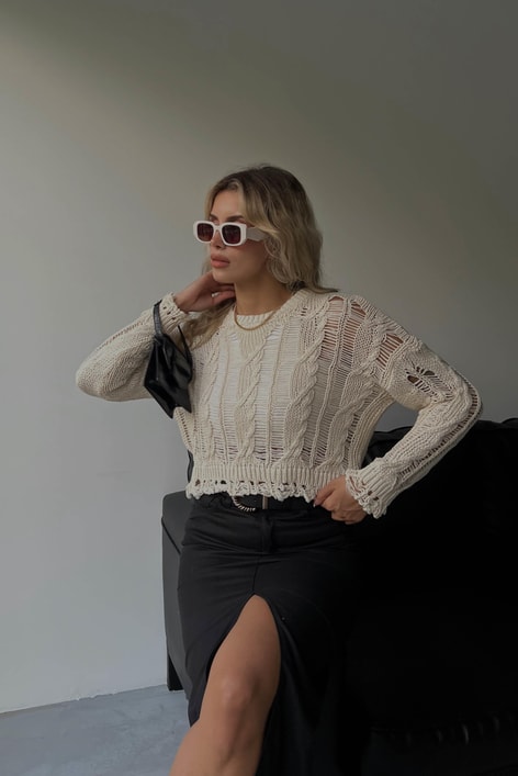 Distressed Örgülü Triko Crop Kazak Taş