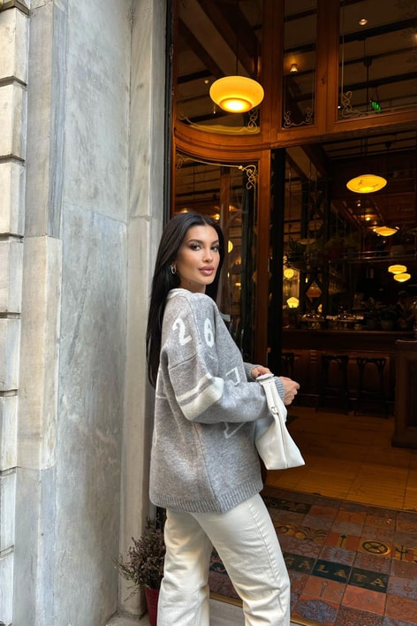 Eaho Şeritli Triko Kazak Gri