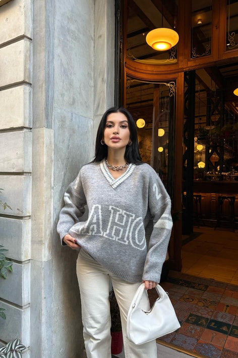 Eaho Şeritli Triko Kazak Gri