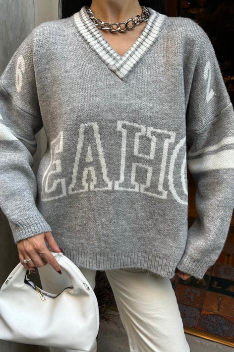 Eaho Şeritli Triko Kazak Gri