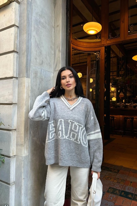 Eaho Şeritli Triko Kazak Gri