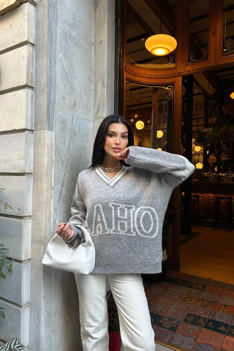 Eaho Şeritli Triko Kazak Gri