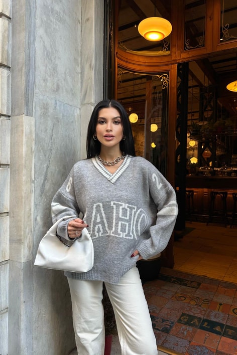 Eaho Şeritli Triko Kazak Gri