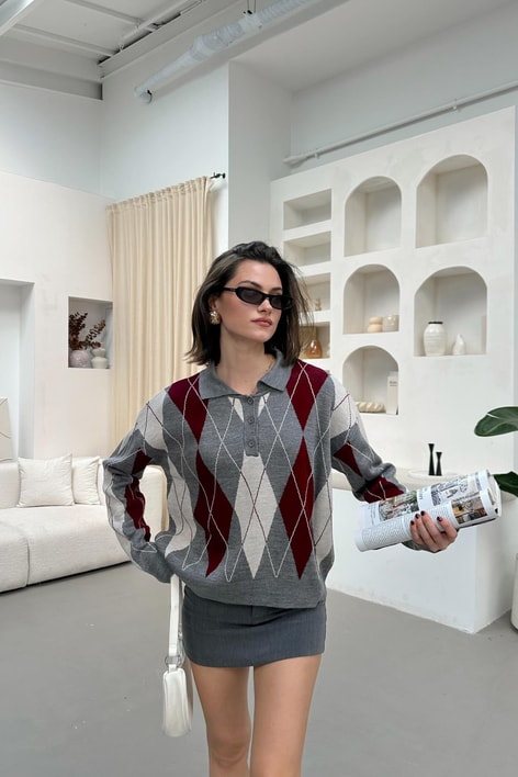 Ekose Desen Polo Yaka Kazak Gri