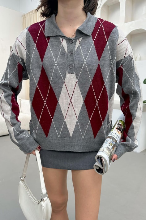 Ekose Desen Polo Yaka Kazak Gri