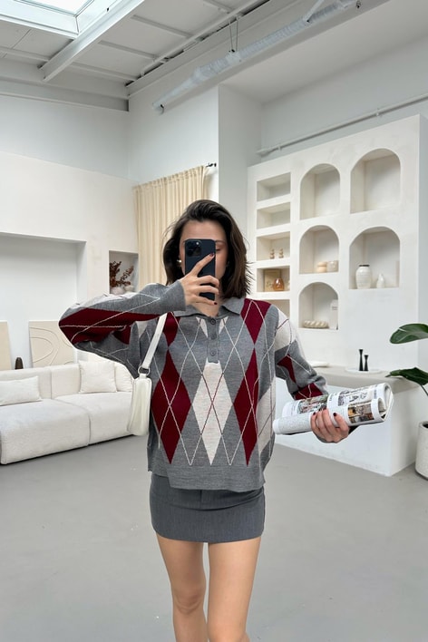 Ekose Desen Polo Yaka Kazak Gri