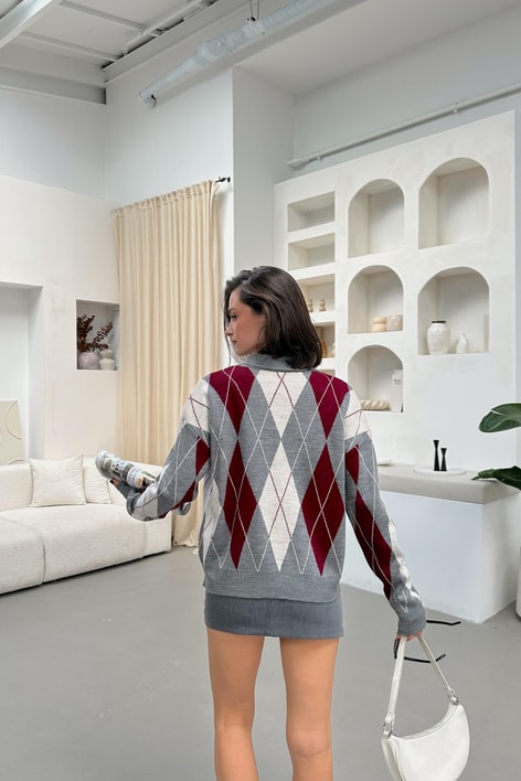 Ekose Desen Polo Yaka Kazak Gri