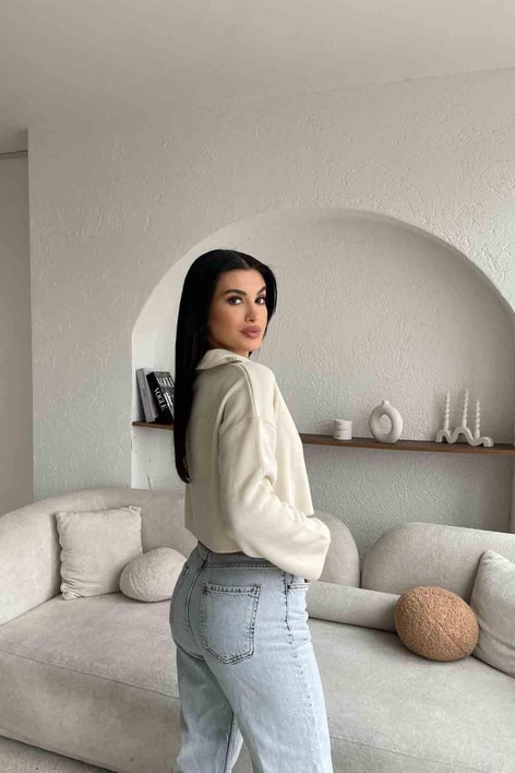 Fermuar Detay Çelik Örme Triko Krem