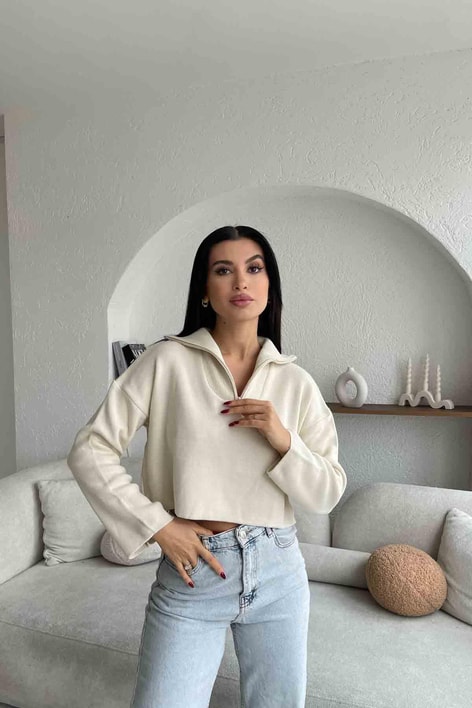 Fermuar Detay Çelik Örme Triko Krem