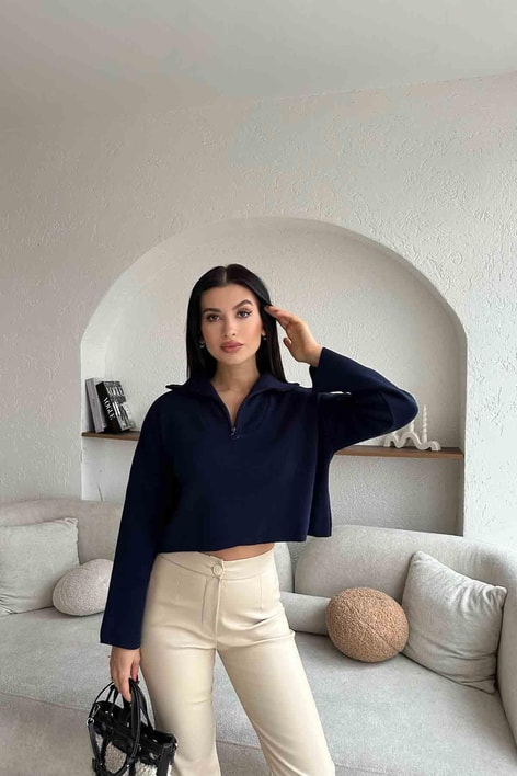 Fermuar Detay Çelik Örme Triko Lacivert