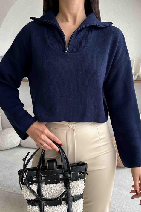 Fermuar Detay Çelik Örme Triko Lacivert