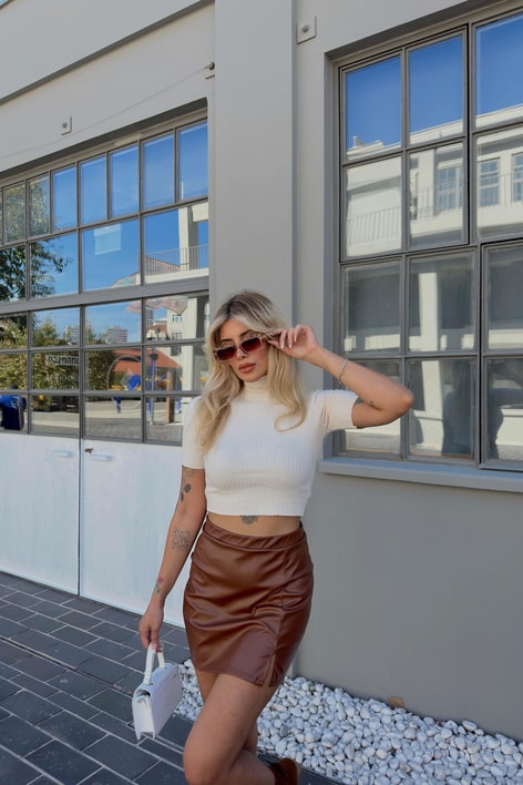 Fitilli Kısa kol Balıkçı Yaka Kazak Krem