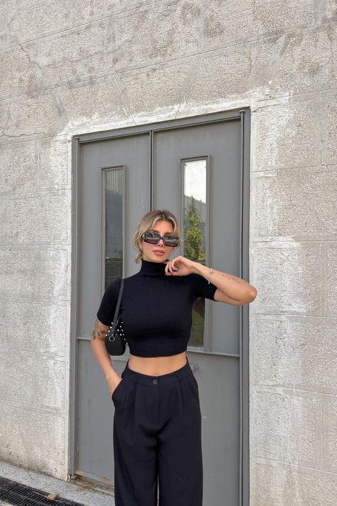 Fitilli Kısa kol Balıkçı Yaka Kazak Siyah